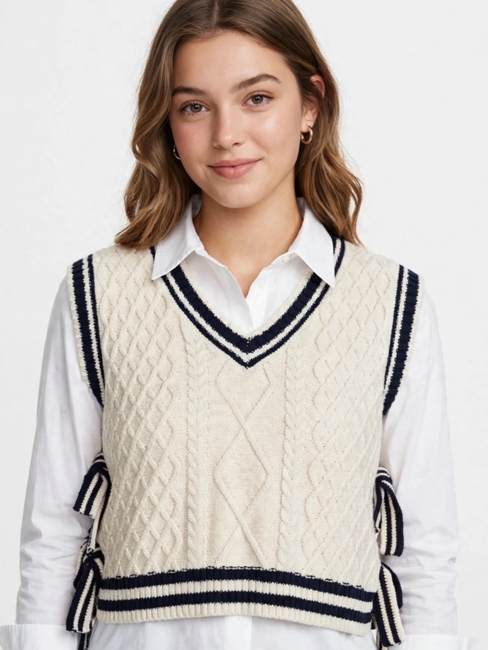 Blu Pepper Pink Cable Knit Sleeveless V-Neck Sweater Vest with Black Trim